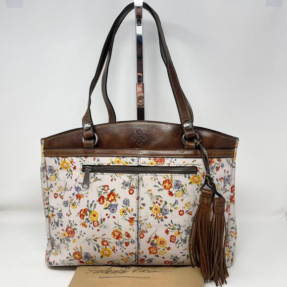 Patricia Nash Leather Poppy Tote Mini Meadows Floral‎ Print Brown Trim Tassels - Picture 1 of 14